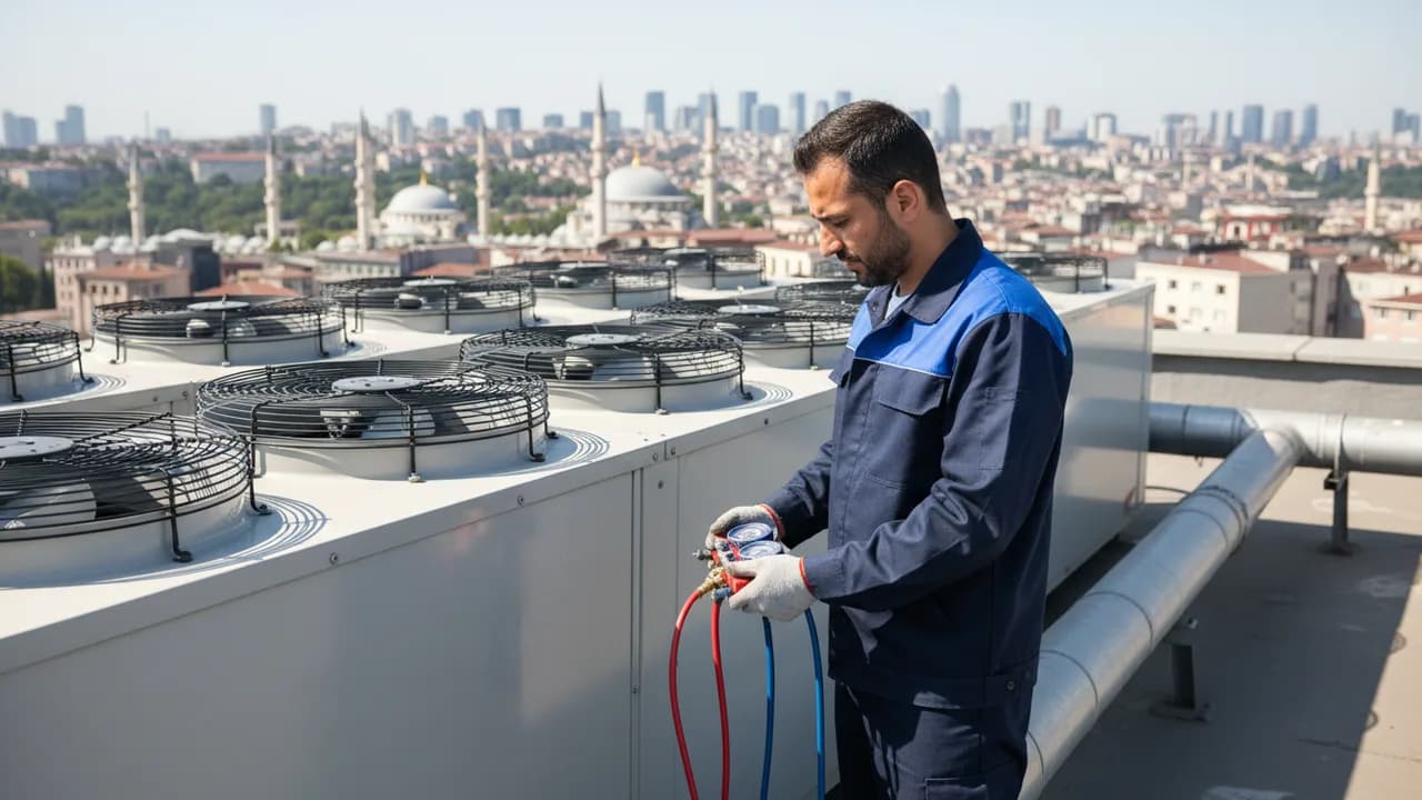Çatıdaki hava soğutmalı chiller grubunda manifold ile basınç ölçümü yapan Aktek teknisyeni