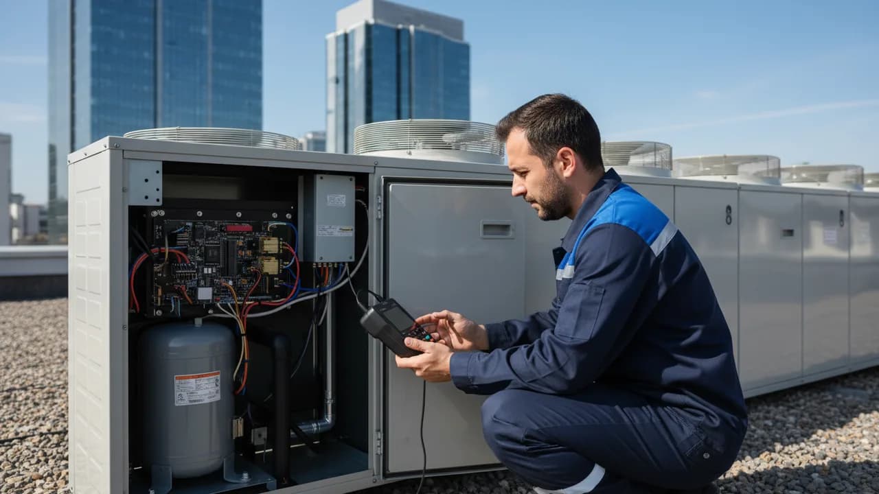 Ofis binası çatısında VRF dış ünitesinin servis panelini açmış, arıza kodu okuyan Aktek teknisyeni
