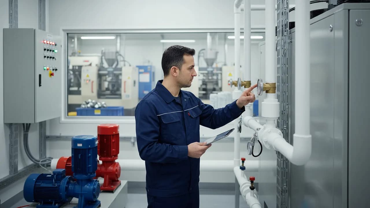 Fabrika teknik odasında proses soğutma grubunu kontrol eden Aktek teknisyeni
